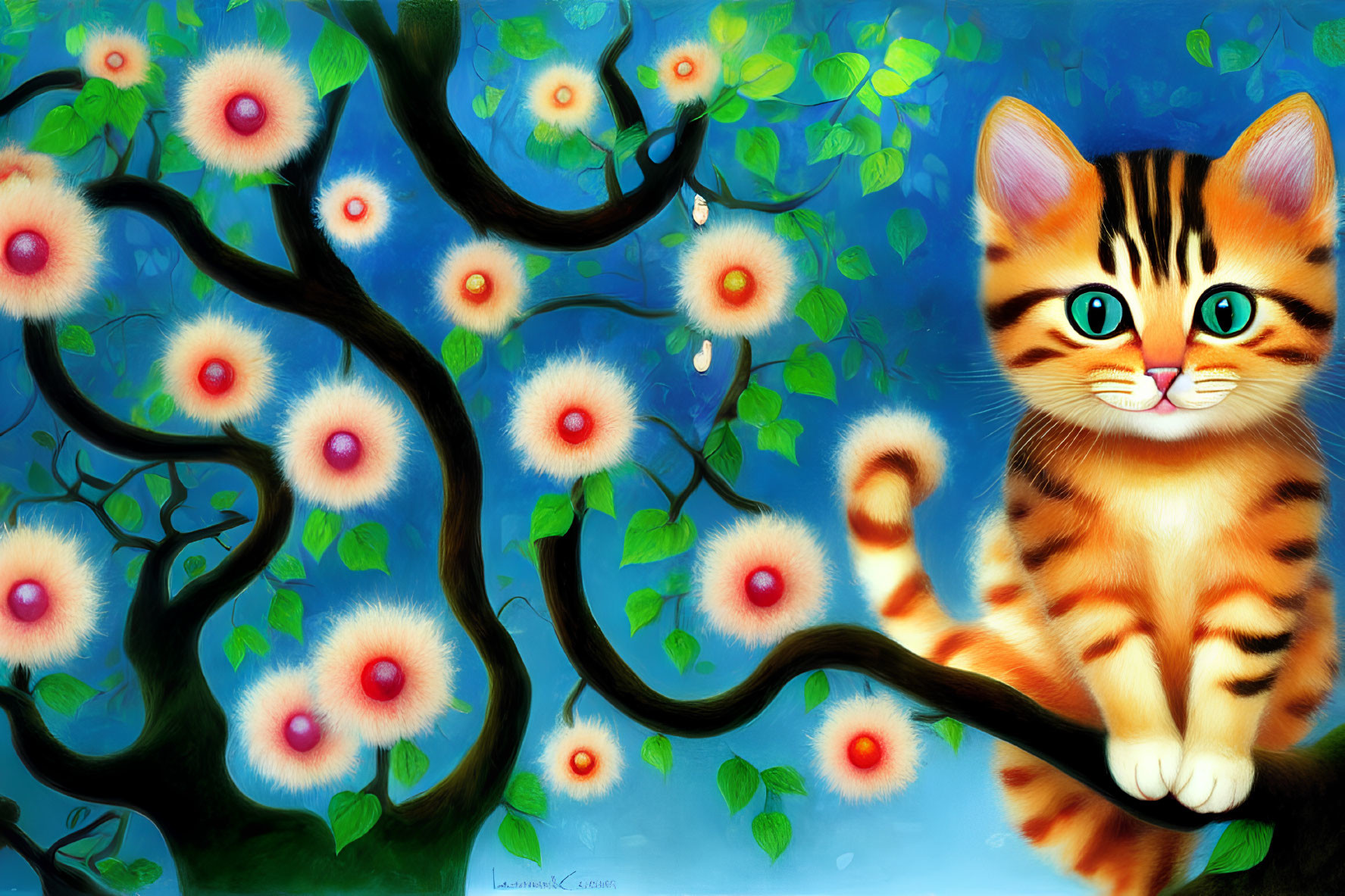 Vibrant illustration of wide-eyed orange tabby kitten on whimsical tree branch