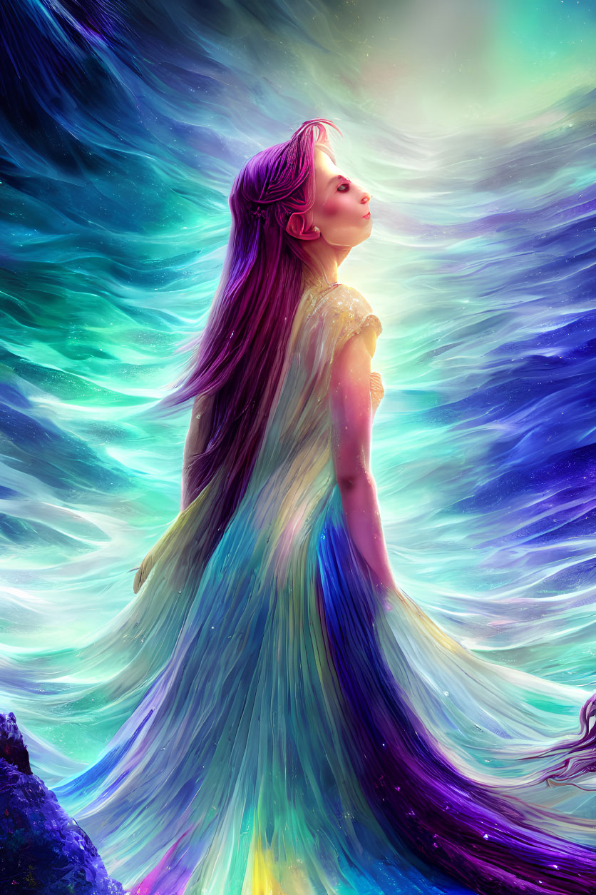 Colorful flowing gown woman in cosmic backdrop.