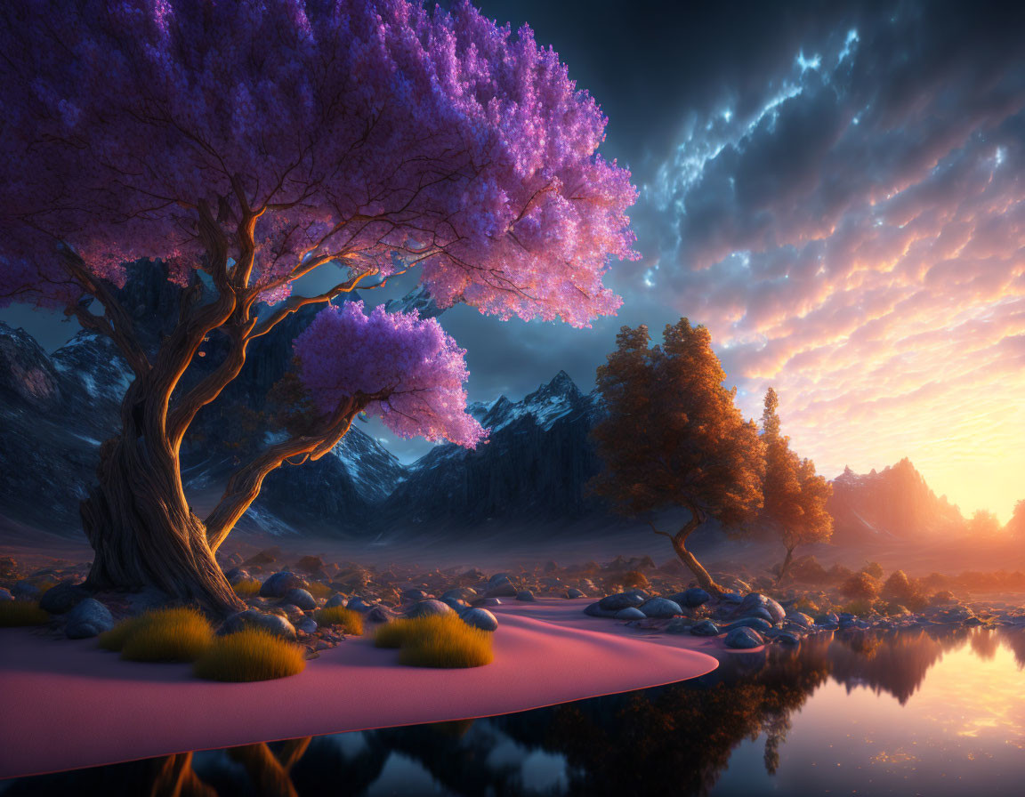 Tranquil sunset landscape with river, purple trees, mountains, stones, and colorful sky