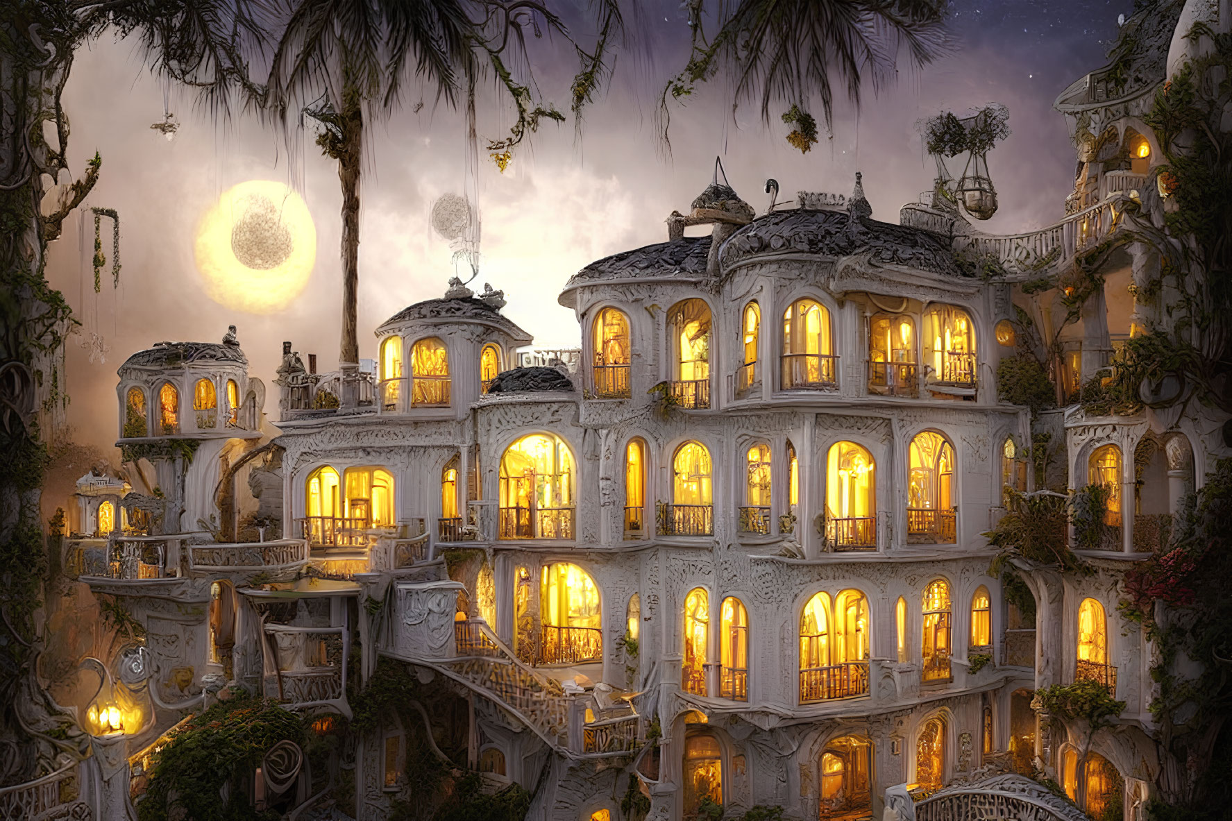 Fairytale palace with illuminated windows in lush twilight setting