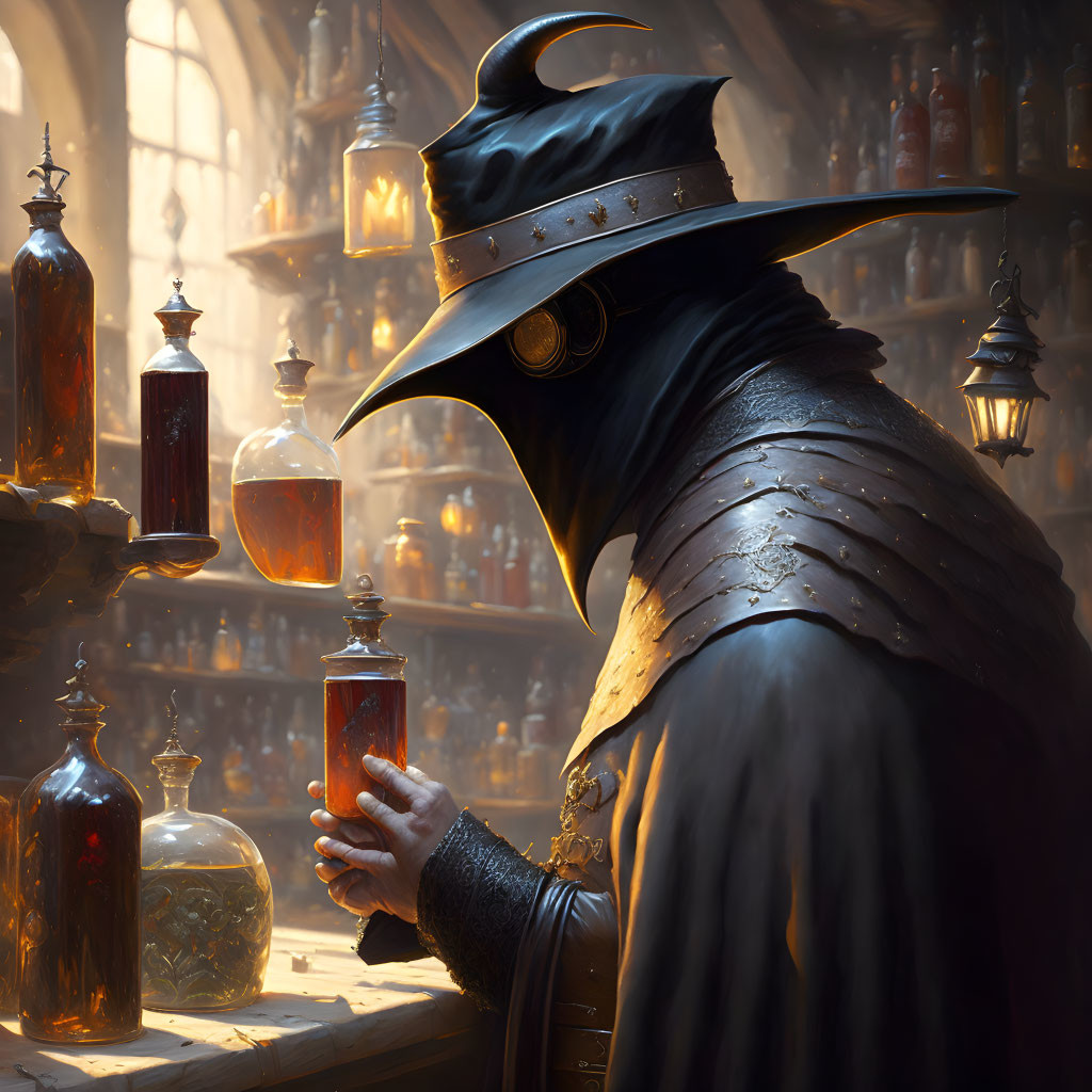 Mysterious figure in wide-brimmed hat inspects potion in dimly lit alchemy shop