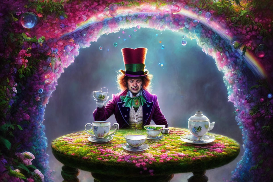 Whimsical tea party scene with character in green top hat and suit