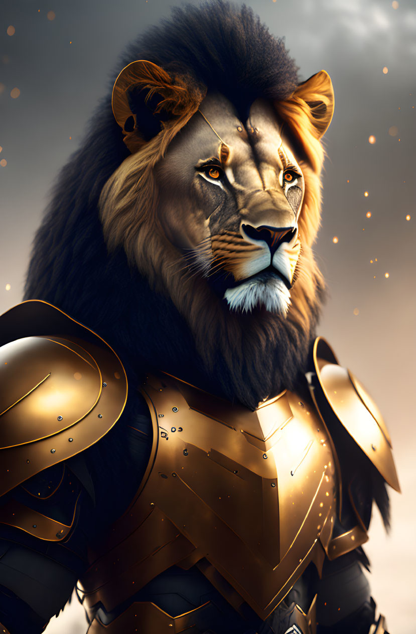 Golden-armored anthropomorphic lion in majestic pose against glowing clouds