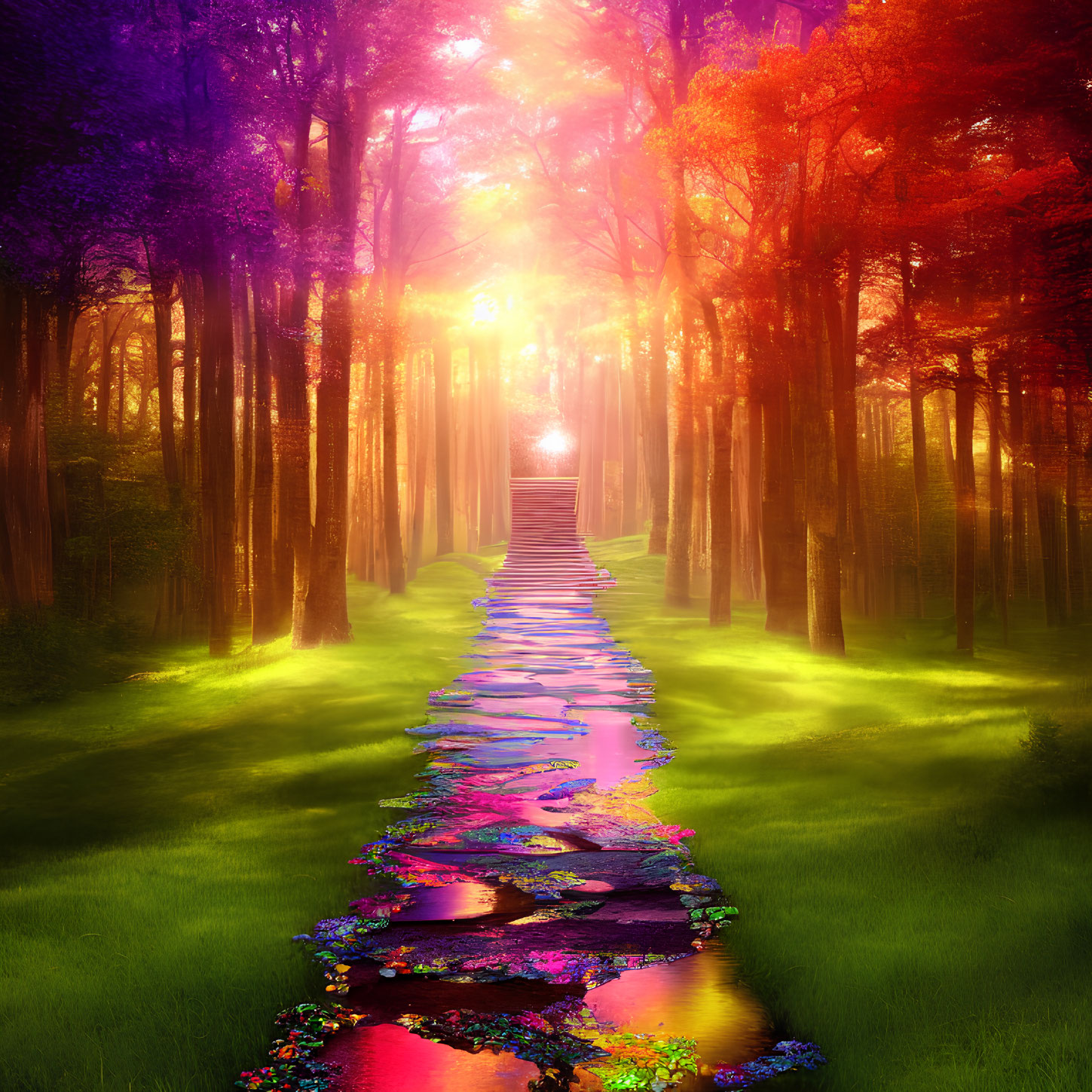 Colorful Trees and Sunlit Path in Vibrant Forest Scene