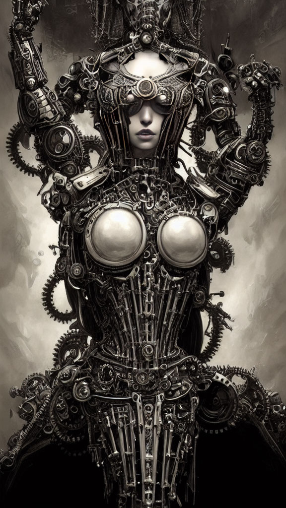 Intricate steampunk-style robotic figure with gears and goggles