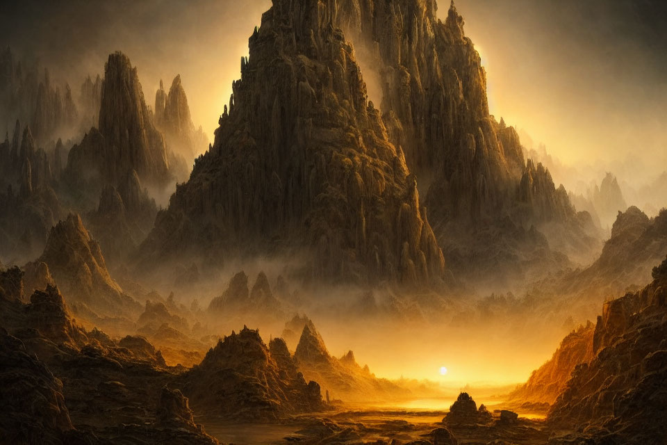 Majestic landscape with towering jagged peaks under warm sun glow