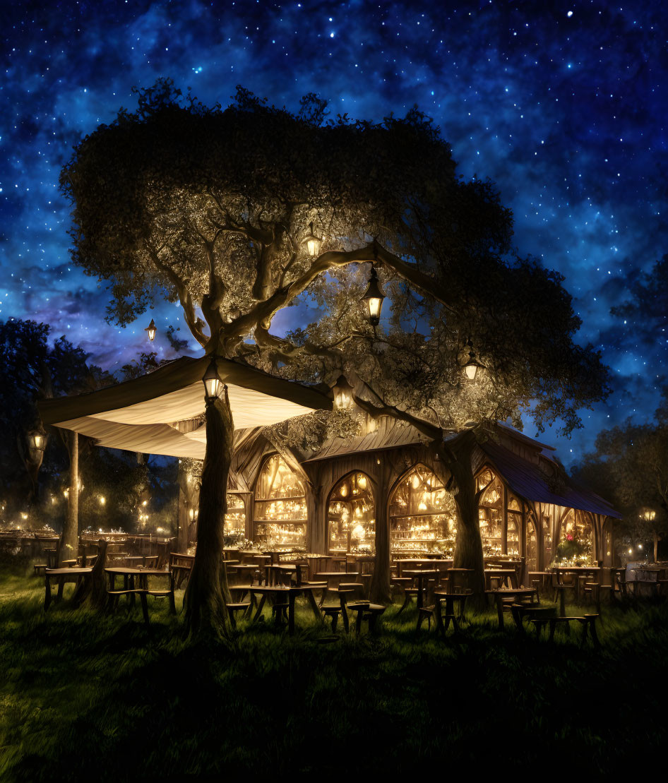 Enchanting outdoor restaurant under grand tree & starry sky