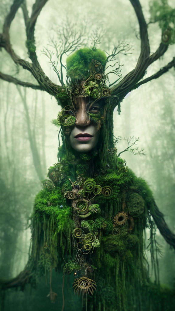 Mystical forest spirit with branch crown in foggy woodland