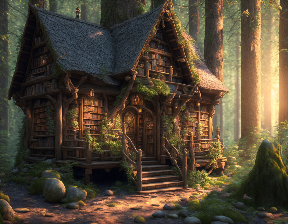 Detailed Wooden Cottage in Serene Forest Setting