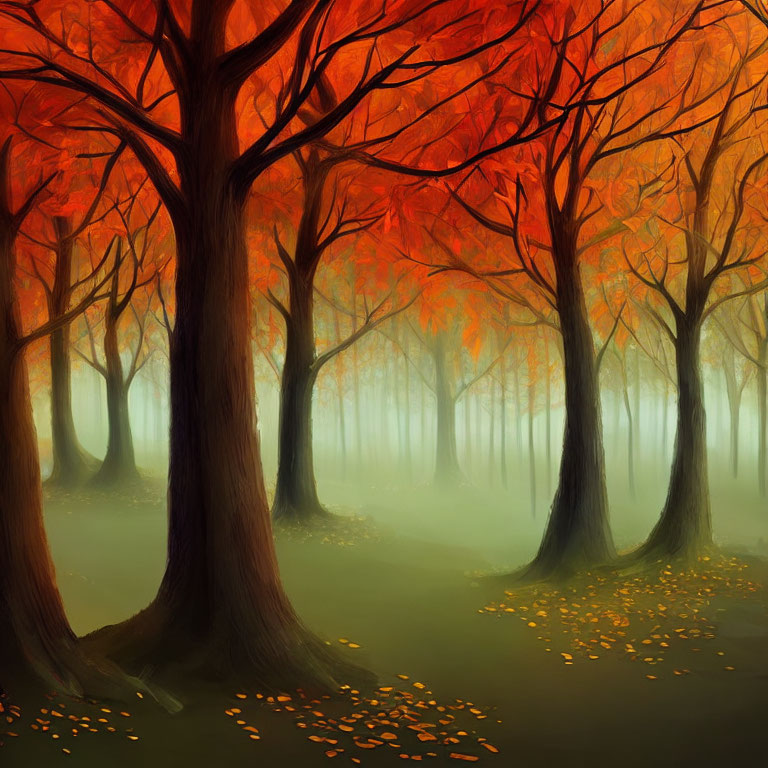 Vibrant red-orange leaves in mystical autumn forest