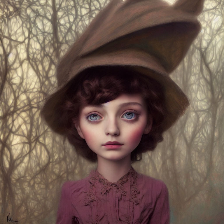 Young girl with expressive blue eyes and whimsical hat in forest setting