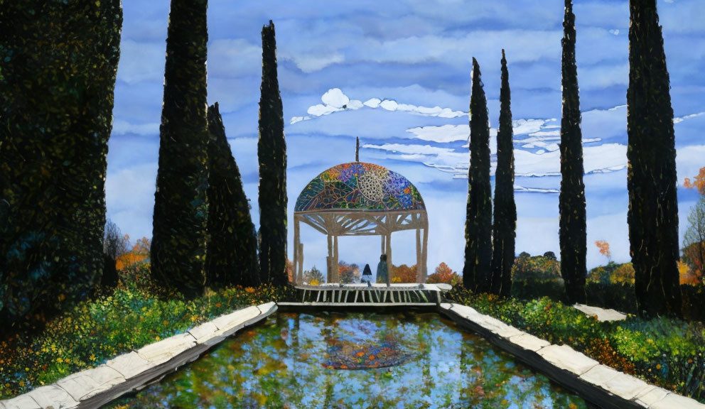 Colorful garden painting with pavilion, cypress trees, and blue sky