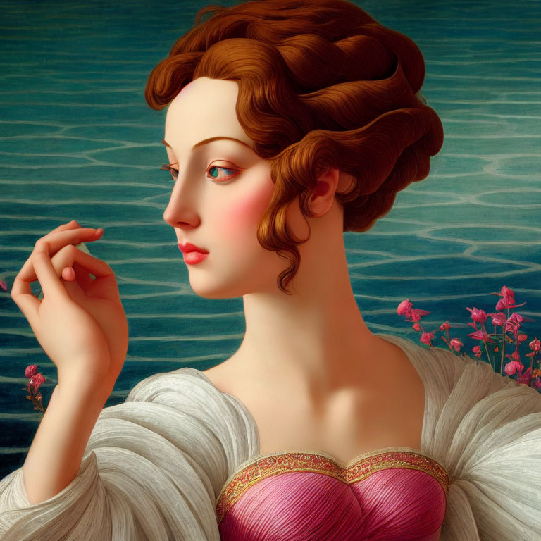 Digital artwork: Woman with braided hair in classical attire gazing left