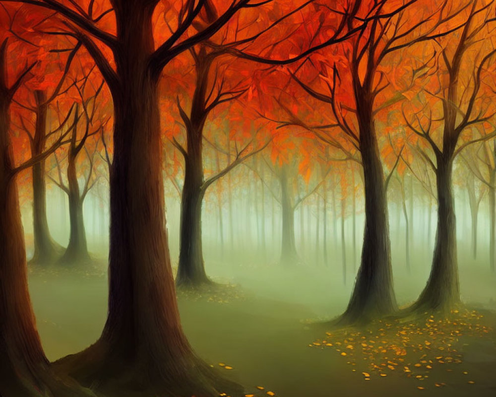 Vibrant red-orange leaves in mystical autumn forest