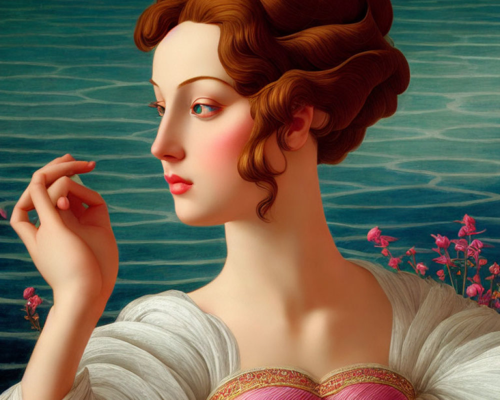 Digital artwork: Woman with braided hair in classical attire gazing left