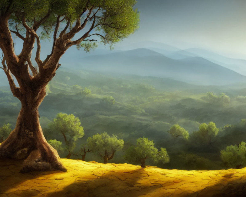 Tranquil sunrise landscape with prominent tree and rolling hills