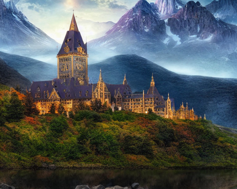 Majestic castle with spires near snow-capped mountains and autumn trees under dramatic sky