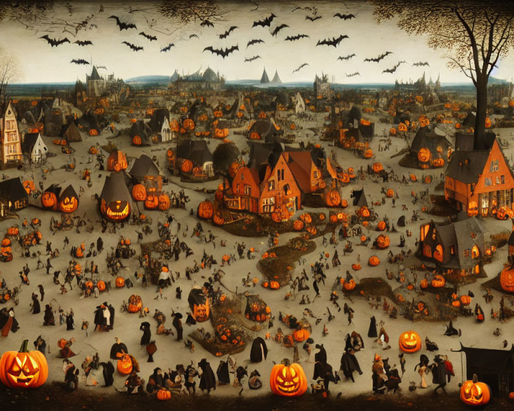 Village Halloween scene with costumes, jack-o'-lanterns, trees, and bats