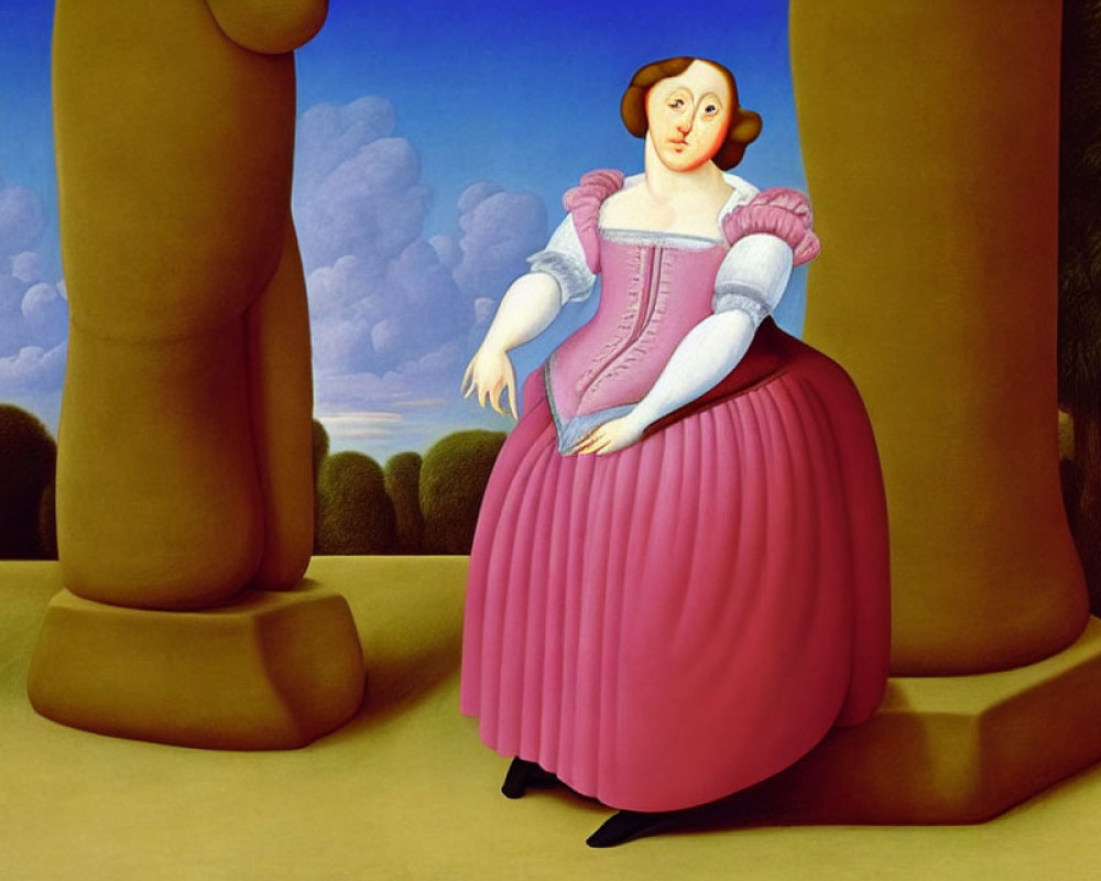 Surreal painting of woman in pink dress with blue blouse among classical columns