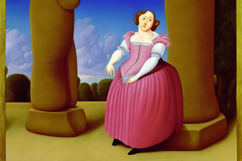 Surreal painting of woman in pink dress with blue blouse among classical columns