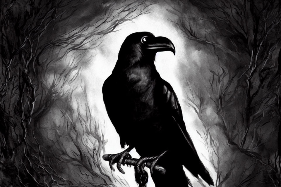 Monochrome illustration: Raven perched among twisted trees in misty background