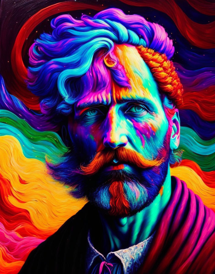Colorful Psychedelic Portrait of Male Figure with Beard and Mustache