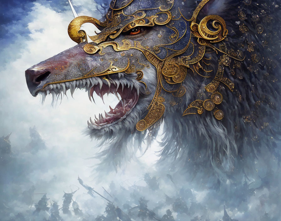 Majestic wolf in golden armor bares teeth in battle scene