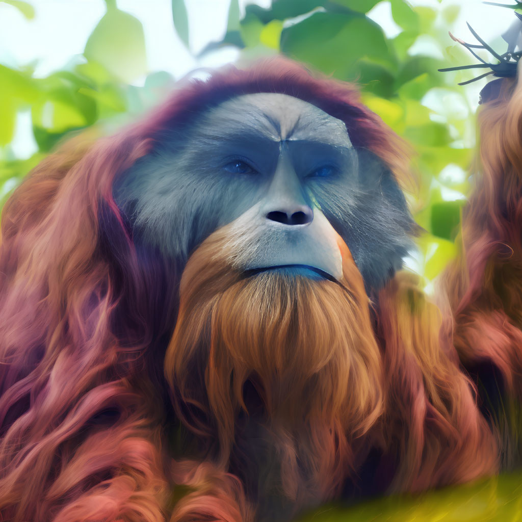 Vibrant digital artwork featuring an orangutan with blue and orange facial features