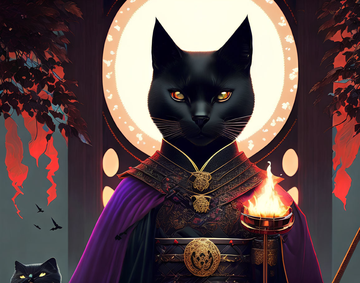 Majestic black cat in royal purple attire under moonlit sky