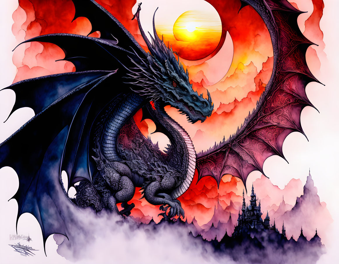 Majestic dragon with expansive wings in fantasy landscape