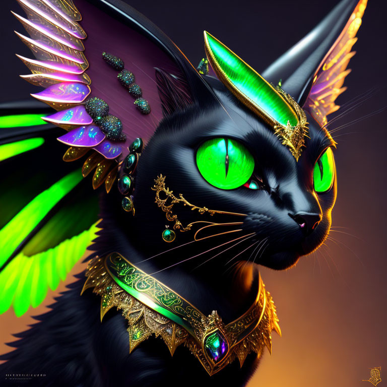 Fantastical black cat with green eyes, golden jewelry, and iridescent wings