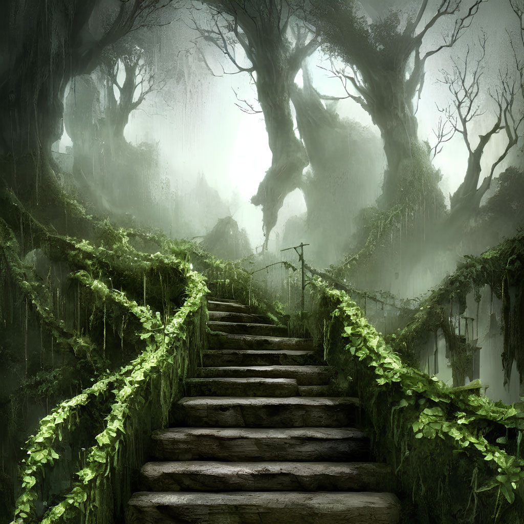 Enchanting moss-covered stone steps in misty forest landscape