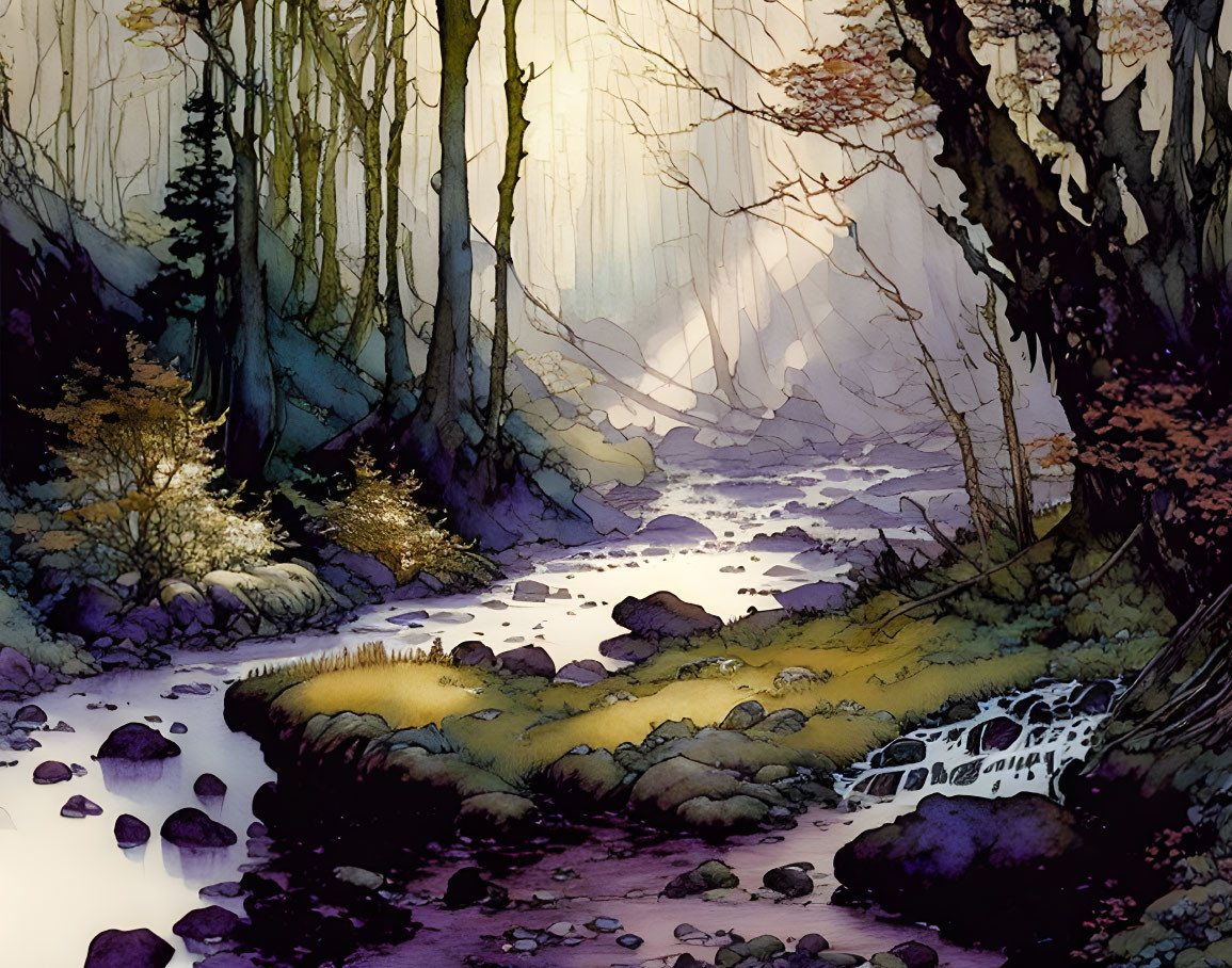 Tranquil forest scene with stream, rocks, trees, and sunlight
