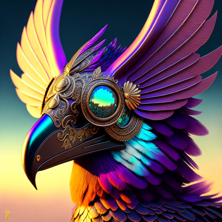 Colorful digital artwork of stylized bird with ornate mask & vibrant feathered body