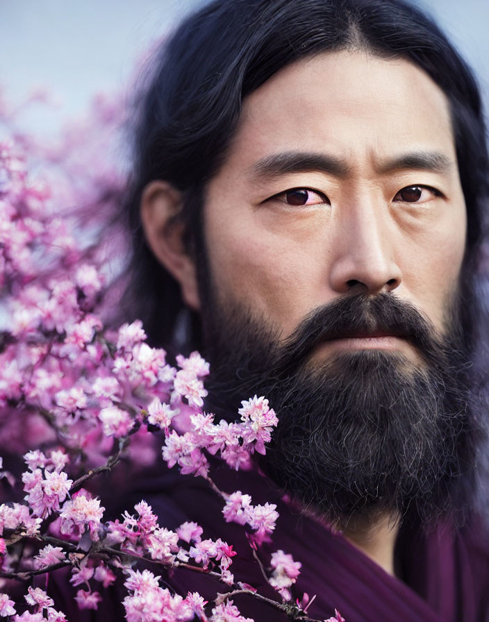 Bearded man in purple robe among pink cherry blossoms