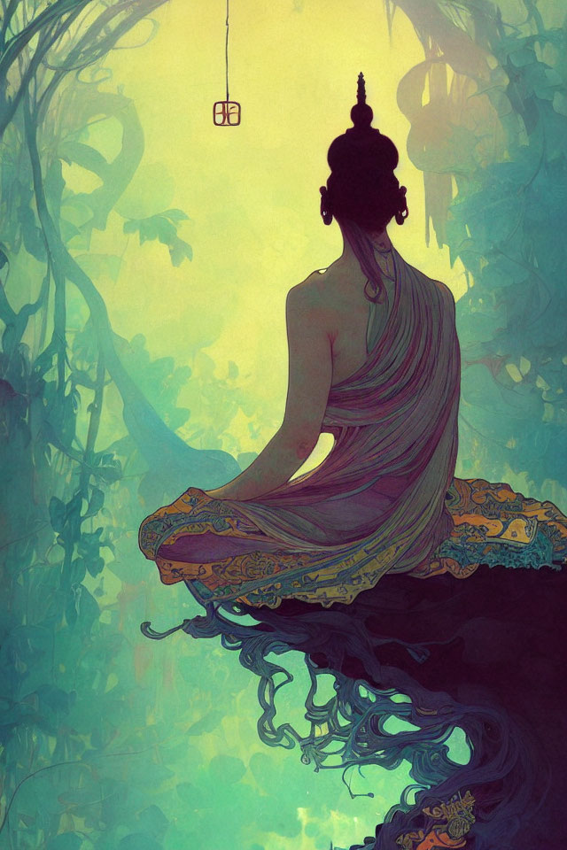 Illustration of person on balcony overlooking mystical forest