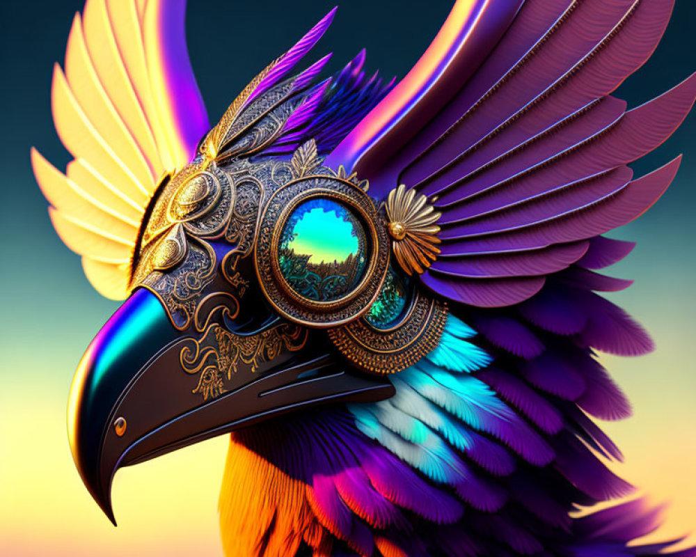 Colorful digital artwork of stylized bird with ornate mask & vibrant feathered body