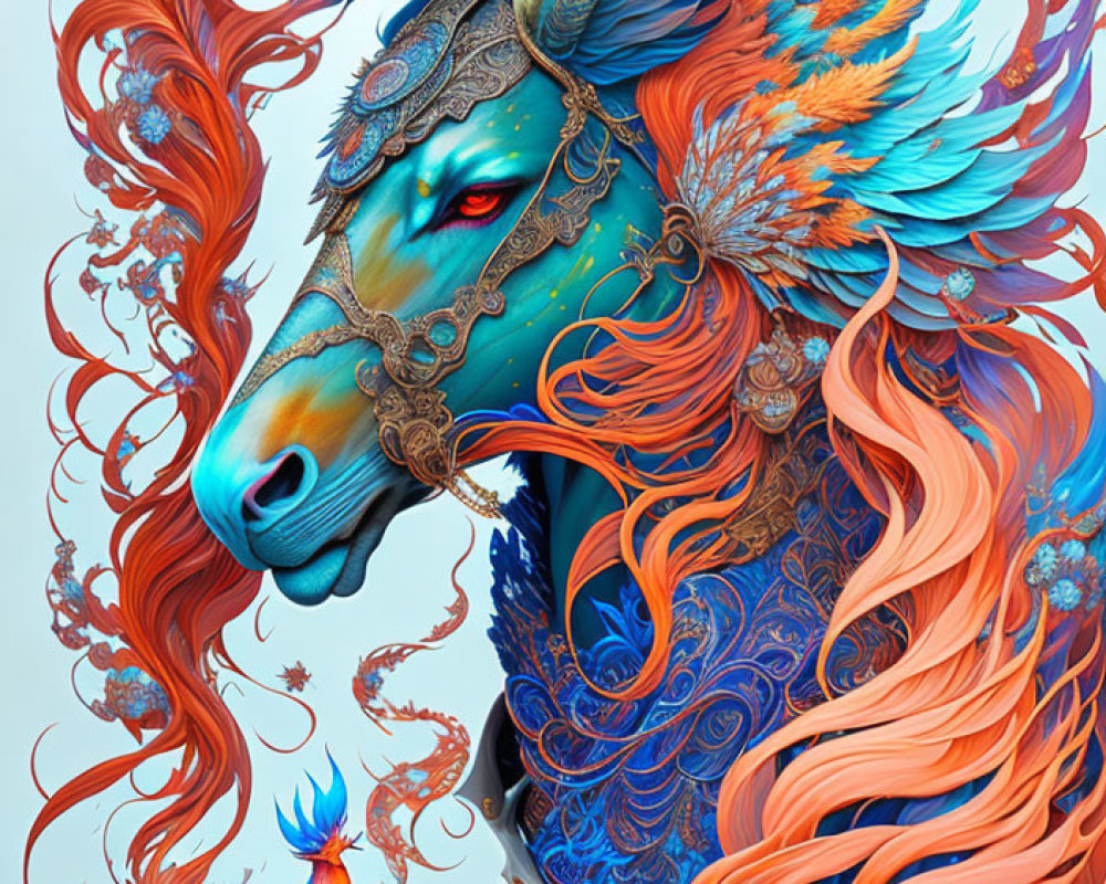 Colorful Mythical Horse and Phoenix Artwork on Pale Blue Background