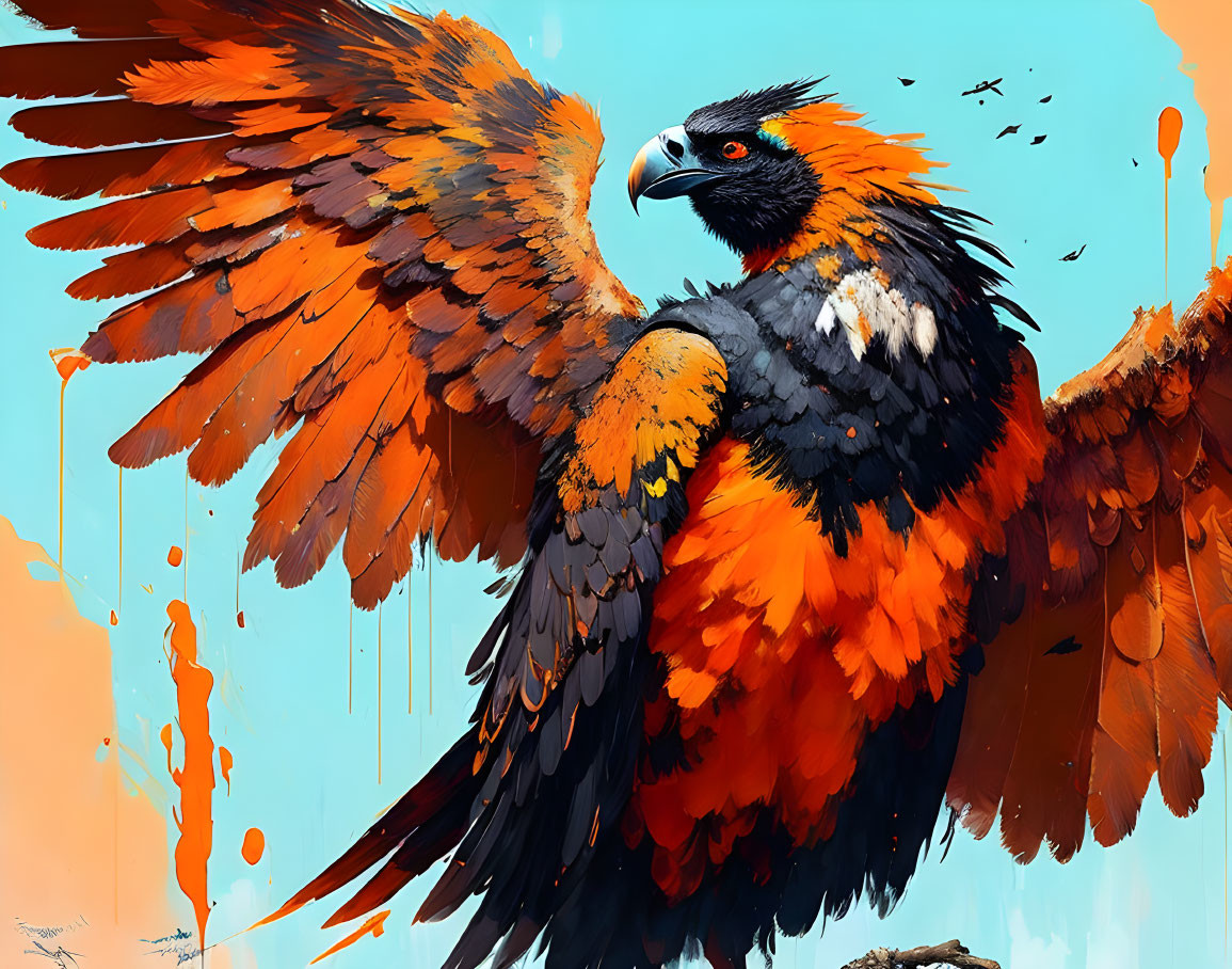 Colorful digital art: Eagle in mid-flight with orange, black, and white feathers on blue.