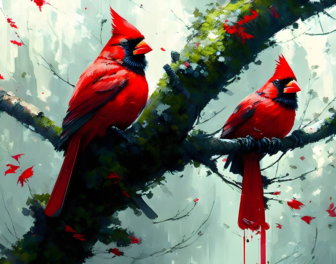 Two red cardinals on branch with red leaves in misty forest.