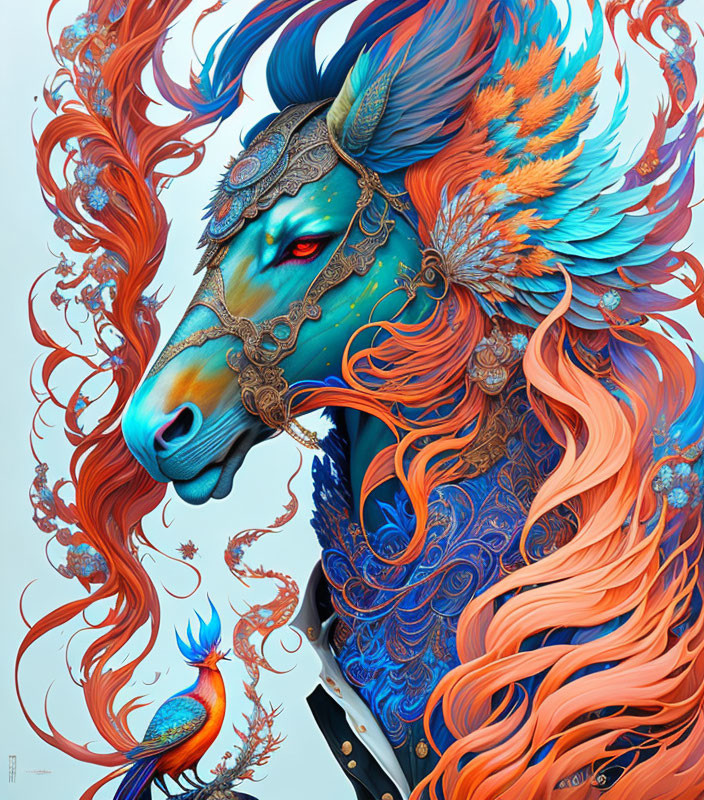 Colorful Mythical Horse and Phoenix Artwork on Pale Blue Background