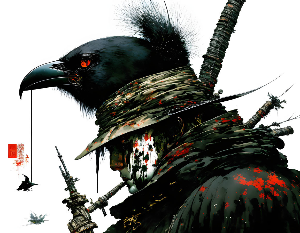 Fearsome warrior with raven head in samurai armor and sword