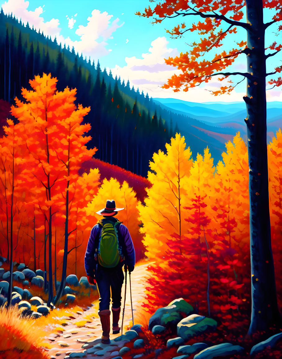 Hiker with backpack and walking stick in vibrant autumn forest