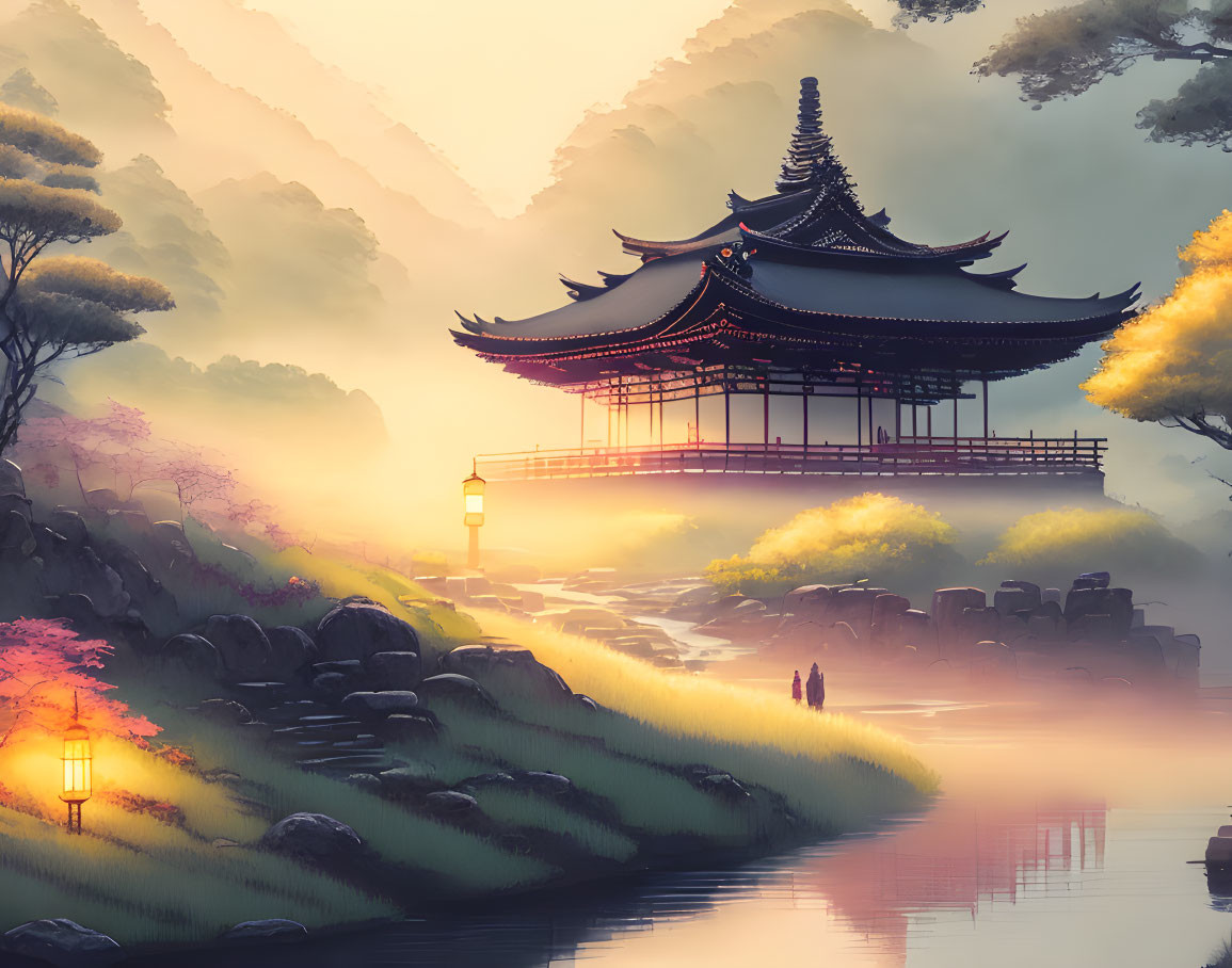 Traditional pagoda by river in misty mountains with figures walking - serene illustration