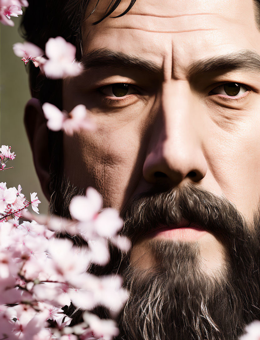 Intense bearded man with cherry blossoms portrait.