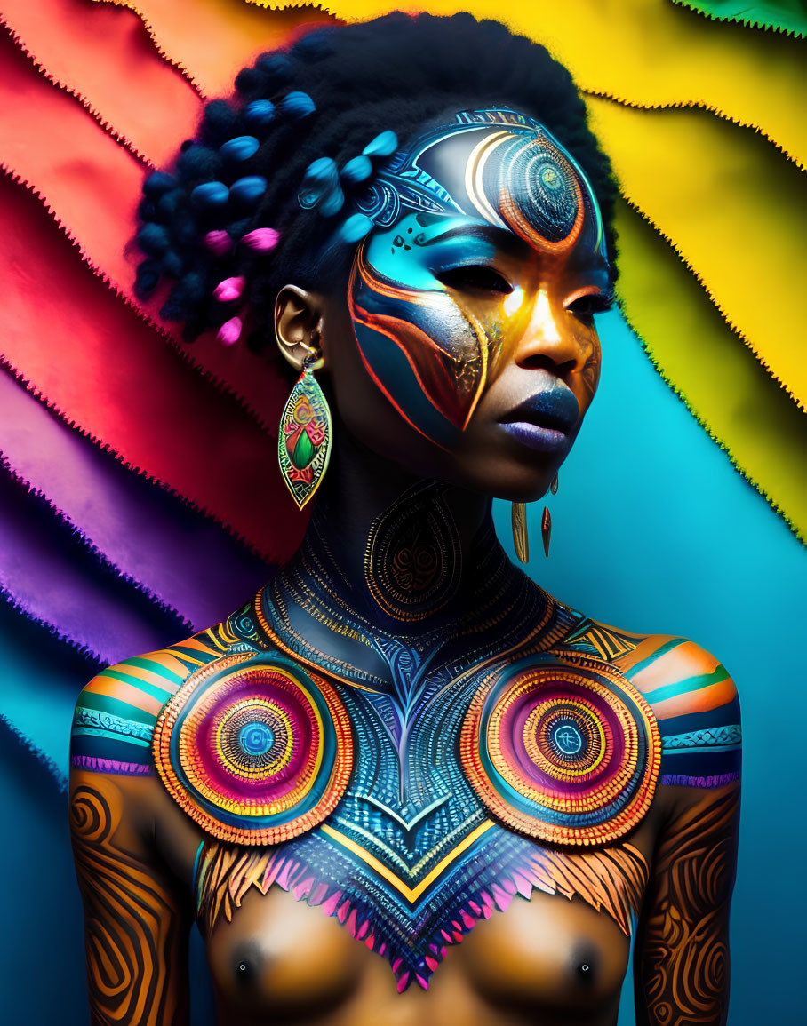 Colorful Body Paint Art with Large Earrings on Woman | Deep Dream Generator