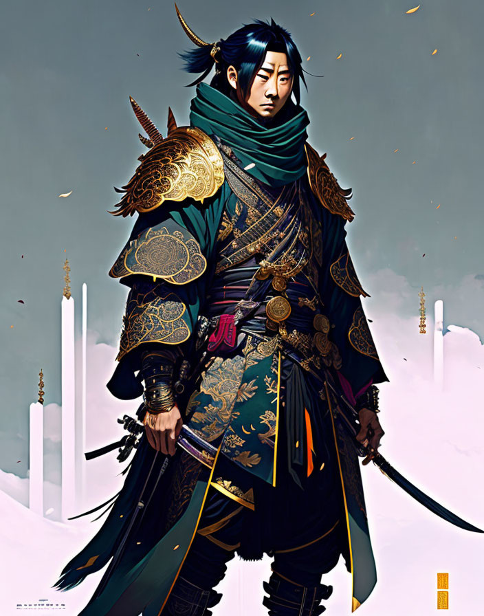 Medieval Asian warrior in ornate armor against snowy landscape