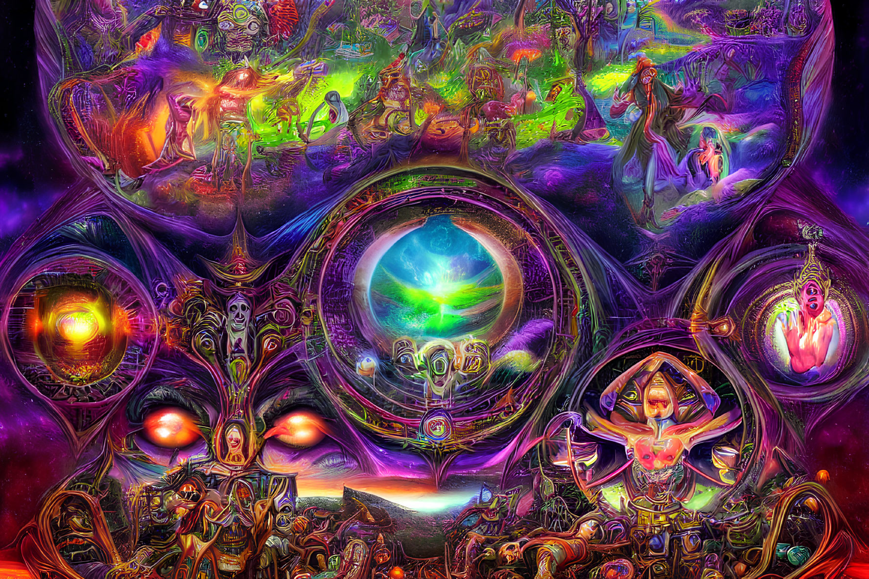 Colorful psychedelic digital artwork with cosmic and mystical elements