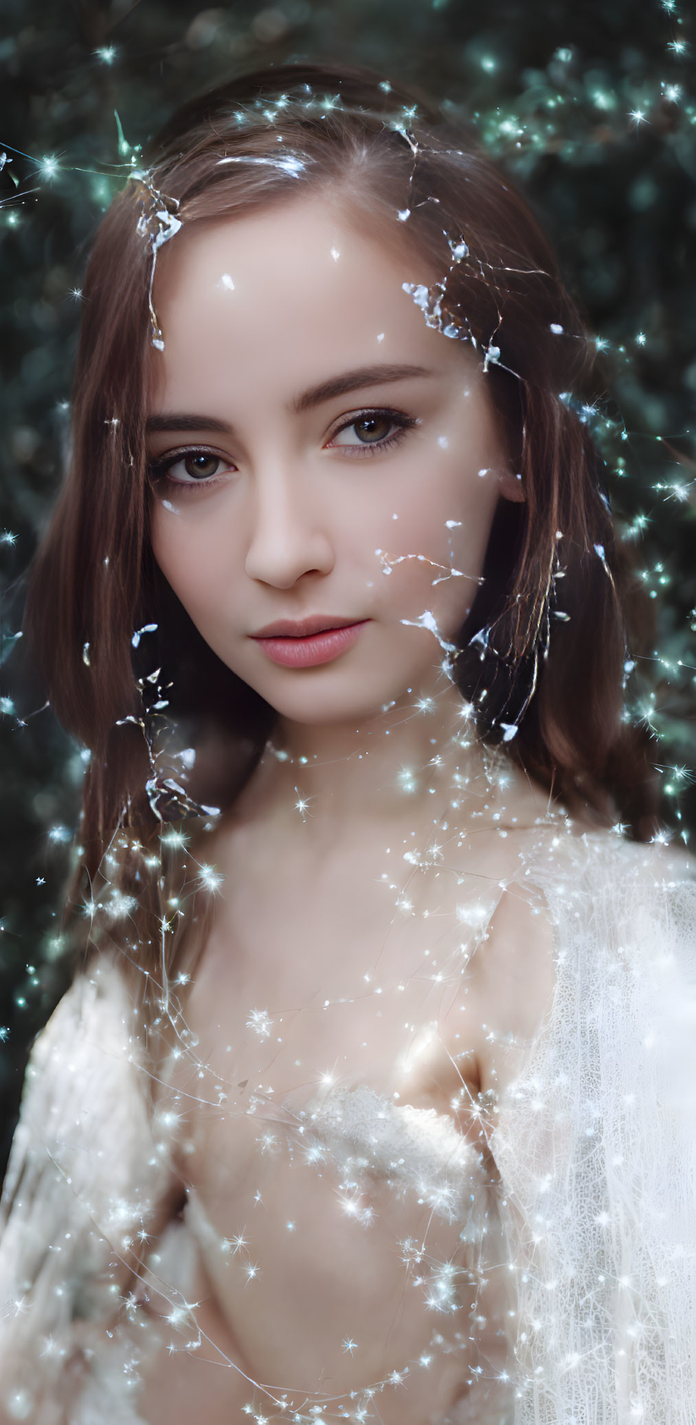 Woman in mystical forest with fairy lights