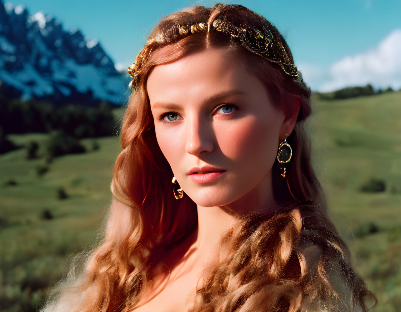 Braided Hair Woman with Golden Headpiece Outdoors